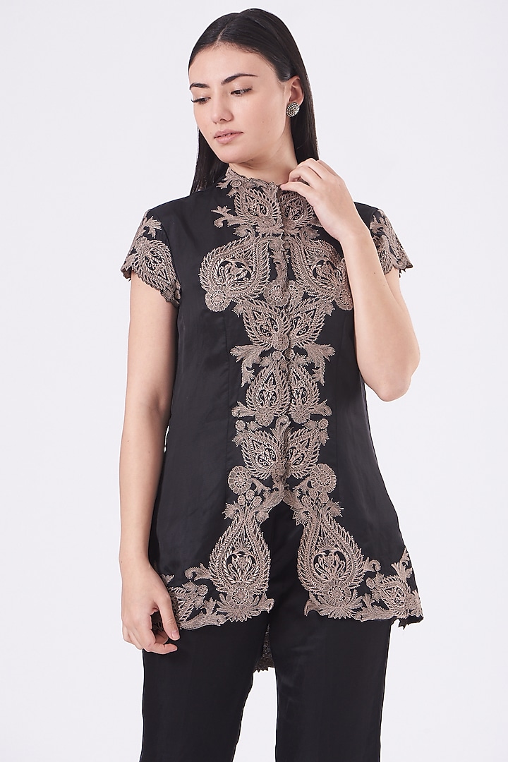 Black Embroidered Edwardian Tunic by Kartikeya at Pernia's Pop Up Shop