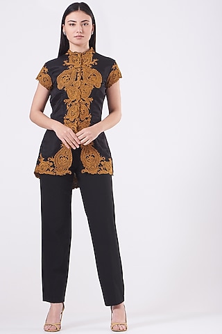 Black Thread Embroidered Edwardian Tunic by Kartikeya