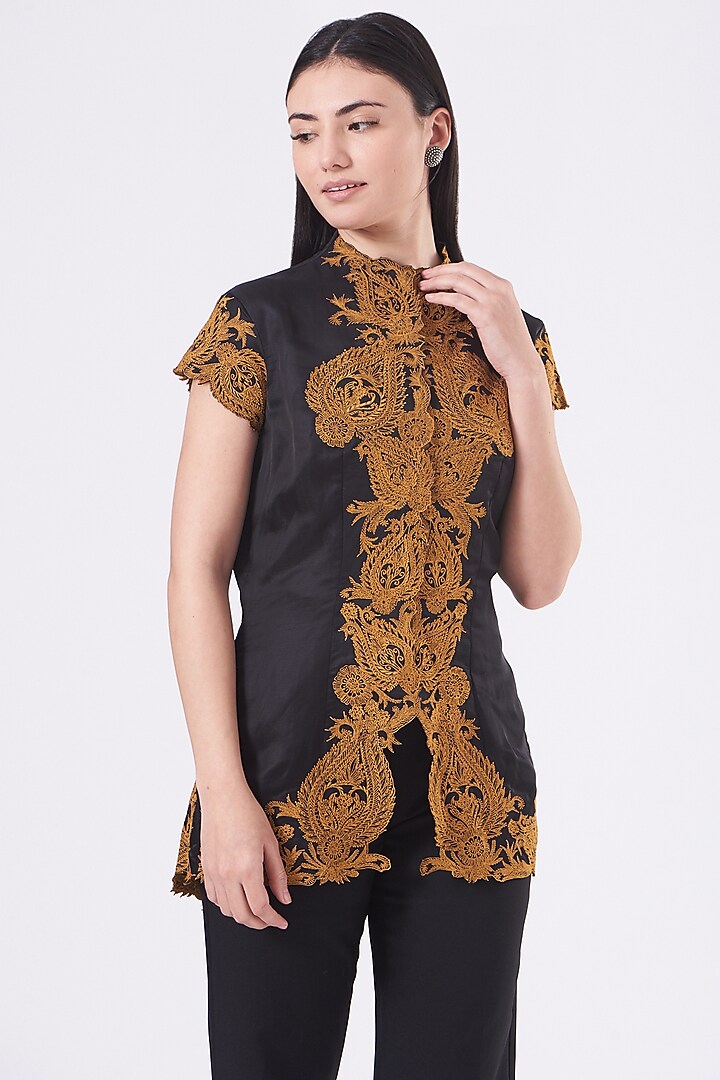 Black Thread Embroidered Edwardian Tunic by Kartikeya at Pernia's Pop Up Shop