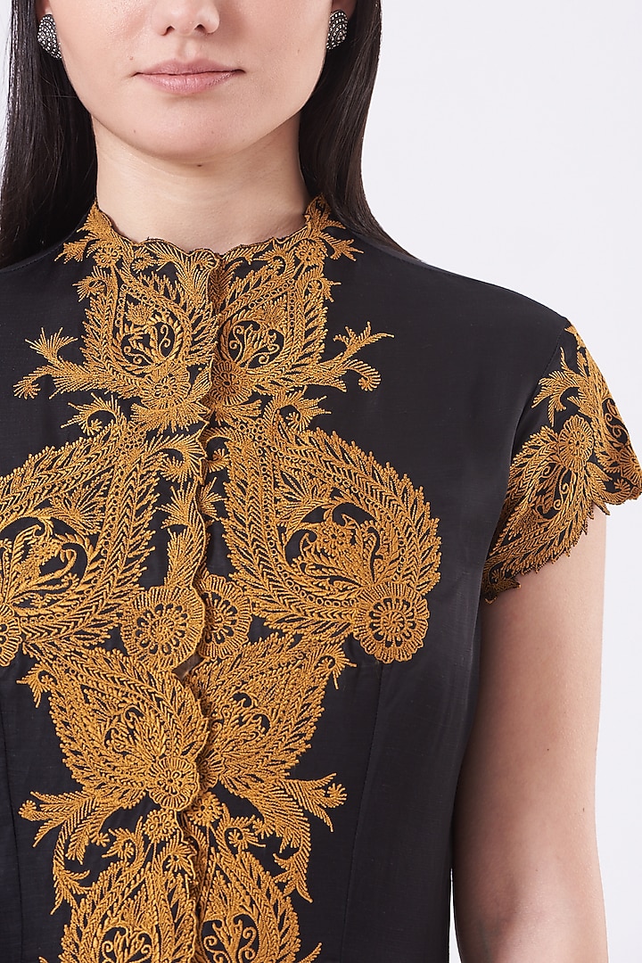 Black Thread Embroidered Edwardian Tunic by Kartikeya at Pernia's Pop Up Shop