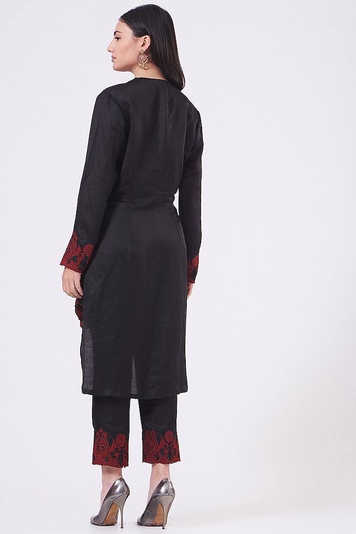 Black Linen Satin Kurta Set by Kartikeya at Pernia's Pop Up Shop