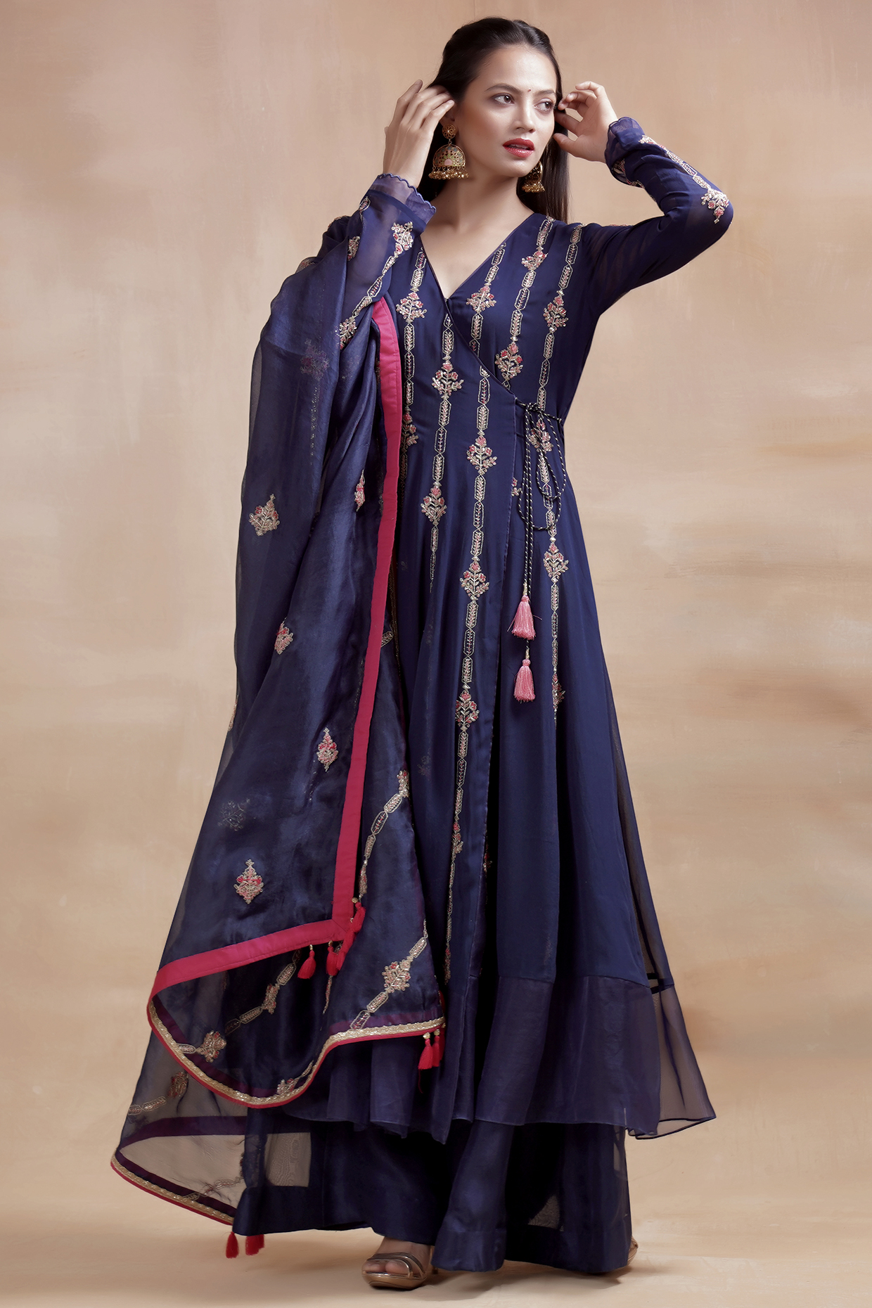 Navy Blue Embroidered Angrakha Wedding Anarkali Set by Kyra By Bhavna at Pernia's Pop Up Shop