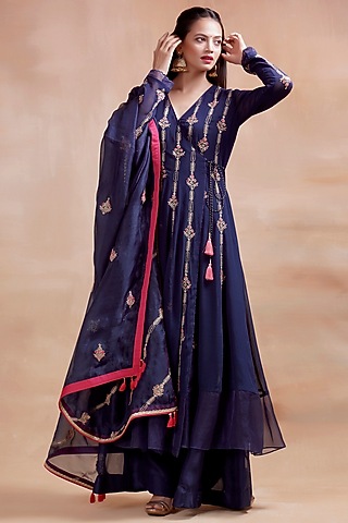 Navy Blue Embroidered Angrakha Anarkali Set by Kyra By Bhavna