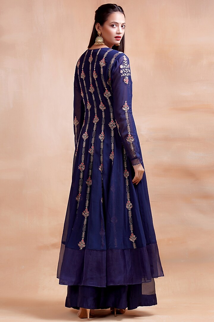 Navy Blue Embroidered Angrakha Wedding Anarkali Set by Kyra By Bhavna at Pernia's Pop Up Shop