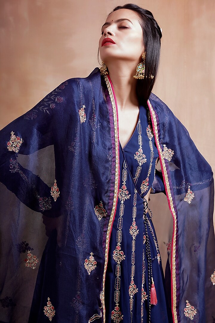 Navy Blue Embroidered Angrakha Wedding Anarkali Set by Kyra By Bhavna at Pernia's Pop Up Shop
