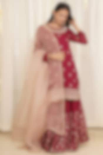 Wine Hand Embroidered Gharara Set by Kyra By Bhavna