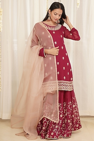 Wine Hand Embroidered Gharara Set by Kyra By Bhavna