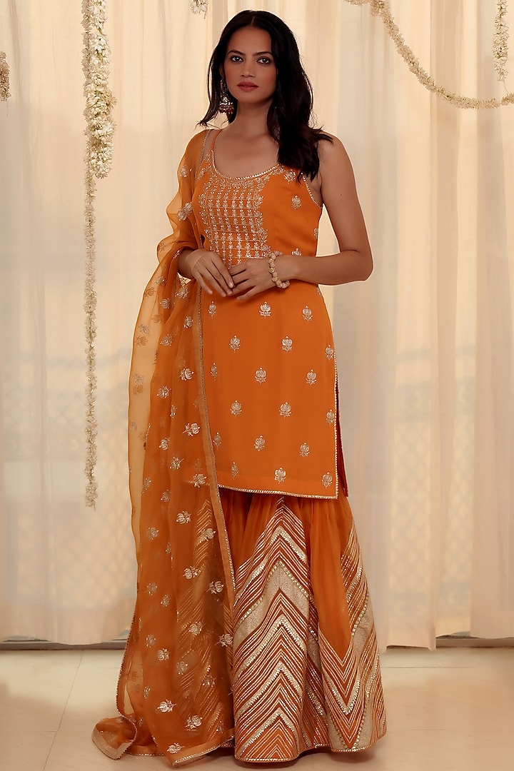 Orange Embroidered Sharara Set by Kyra By Bhavna at Pernia's Pop Up Shop