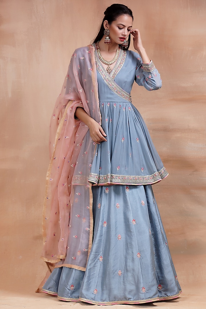 Grey-Blue Embroidered Anarkali Set by Kyra By Bhavna