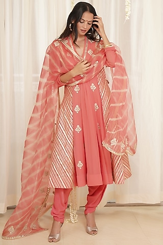 Coral Gota Embroidered Kurta Set by Kyra By Bhavna