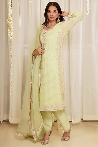 Pista Green Embroidered Kurta Set by Kyra By Bhavna