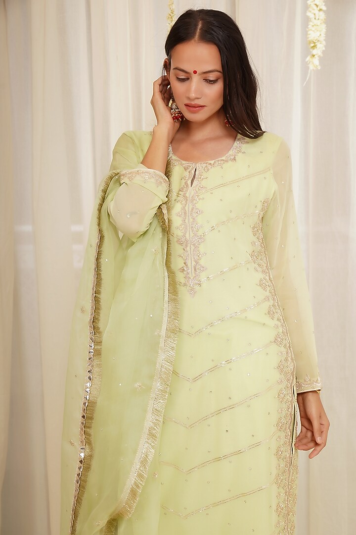 Pista Green Embroidered Kurta Set by Kyra By Bhavna at Pernia's Pop Up Shop