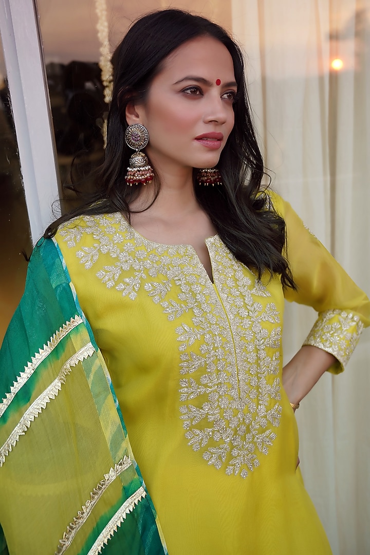 Lime Embroidered Party Wear Sharara Set by Kyra By Bhavna at Pernia's Pop Up Shop