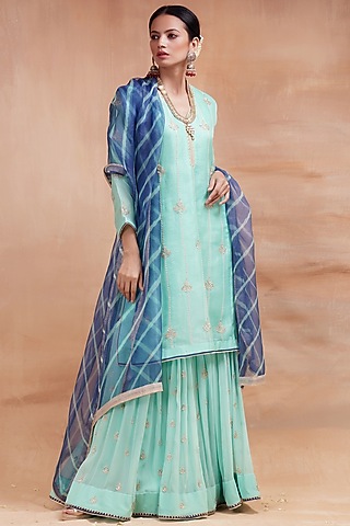 Ice Blue Embroidered Gharara Set by Kyra By Bhavna