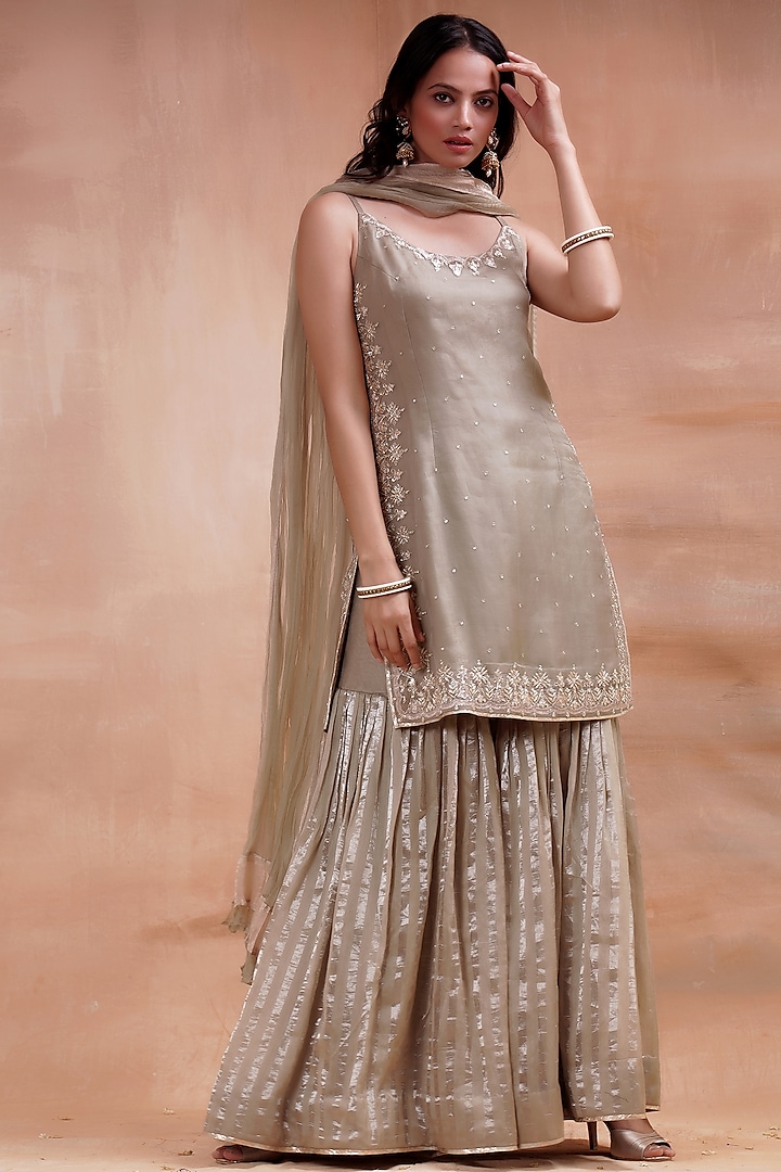 Olive Embroidered Sharara Set by Kyra By Bhavna