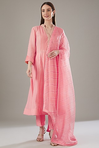 Coral Chanderi Embroidered Kurta Set by Kyra By Bhavna