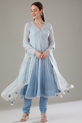 Ice Blue Chanderi Embroidered Angrakha Set by Kyra By Bhavna