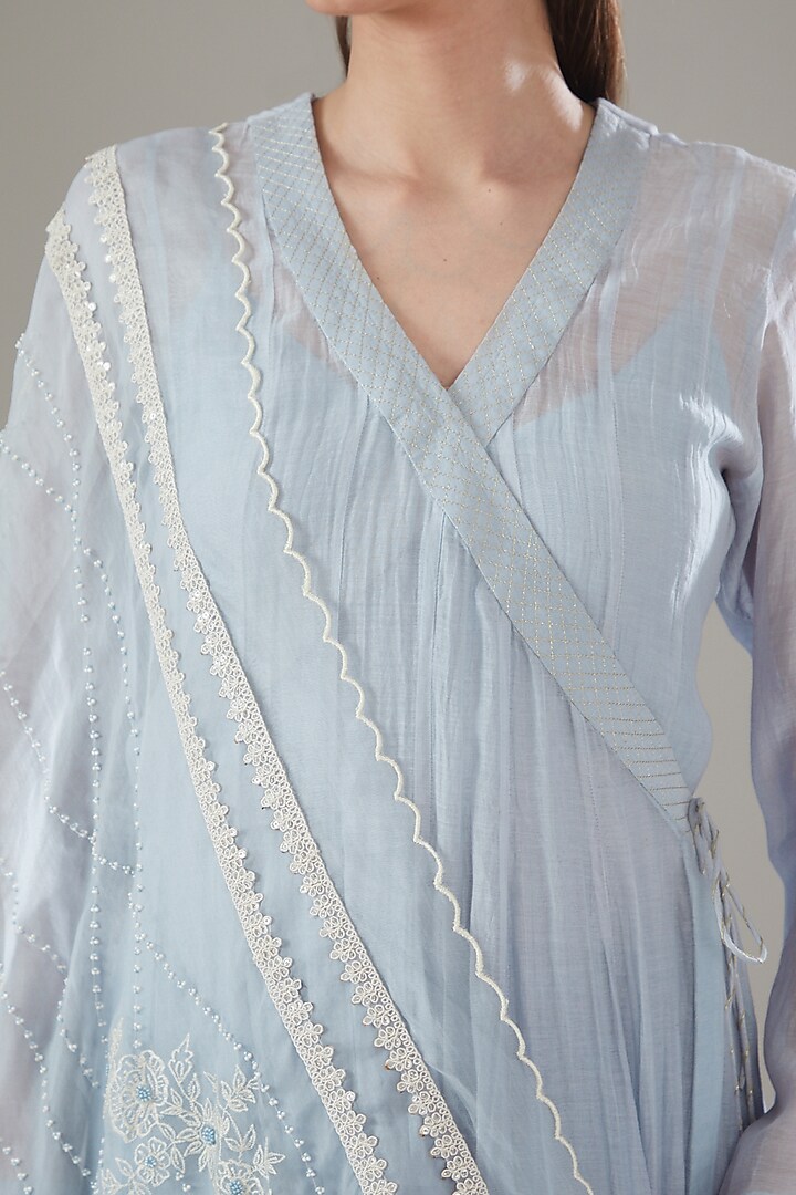 Ice Blue Chanderi Embroidered Angrakha Set by Kyra By Bhavna at Pernia's Pop Up Shop
