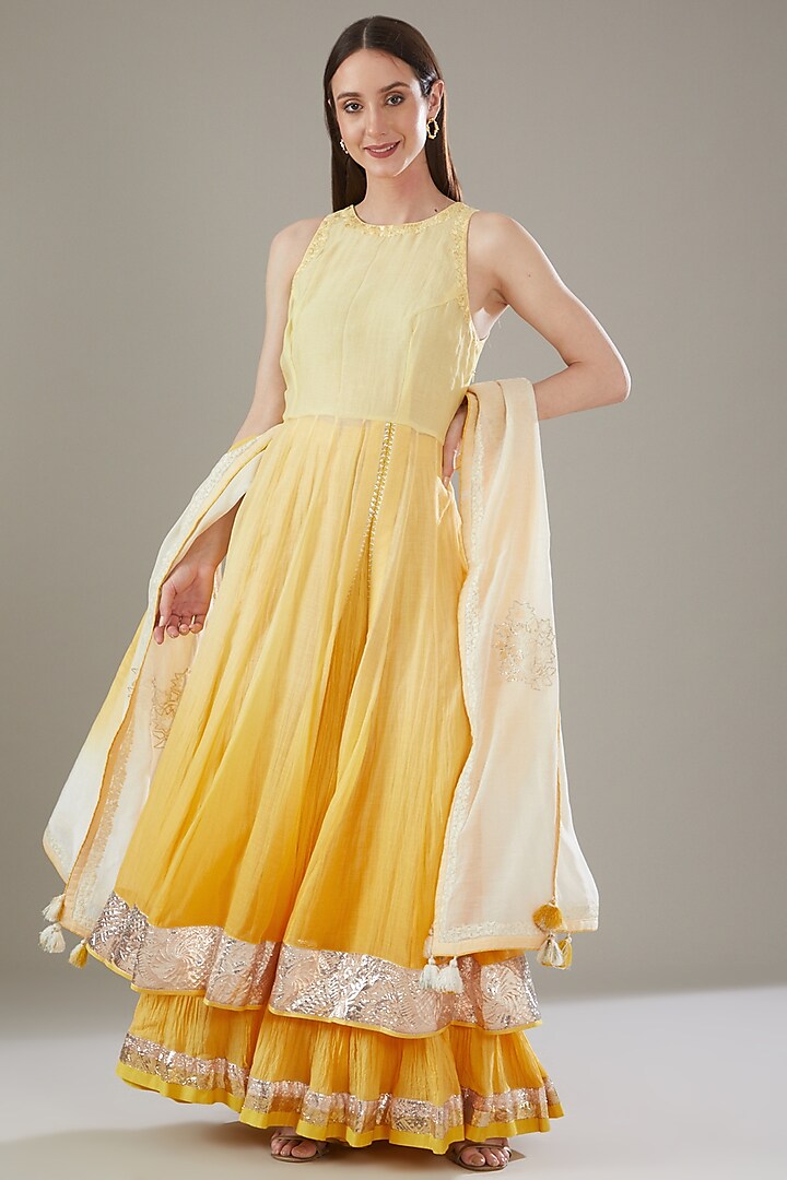 Yellow Ombre Chanderi Embroidered Anarkali Set by Kyra By Bhavna