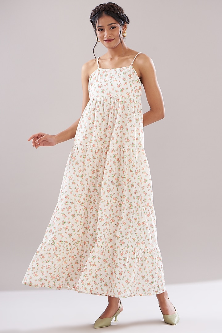 Off-White Cotton Dobby Printed Dress by Kyra By Bhavna
