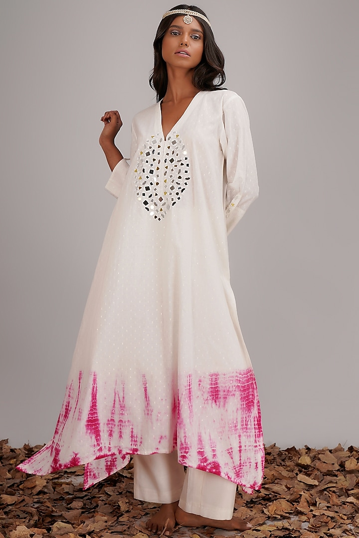Off-White & Pink Cotton Kurta Set by Kyra By Bhavna