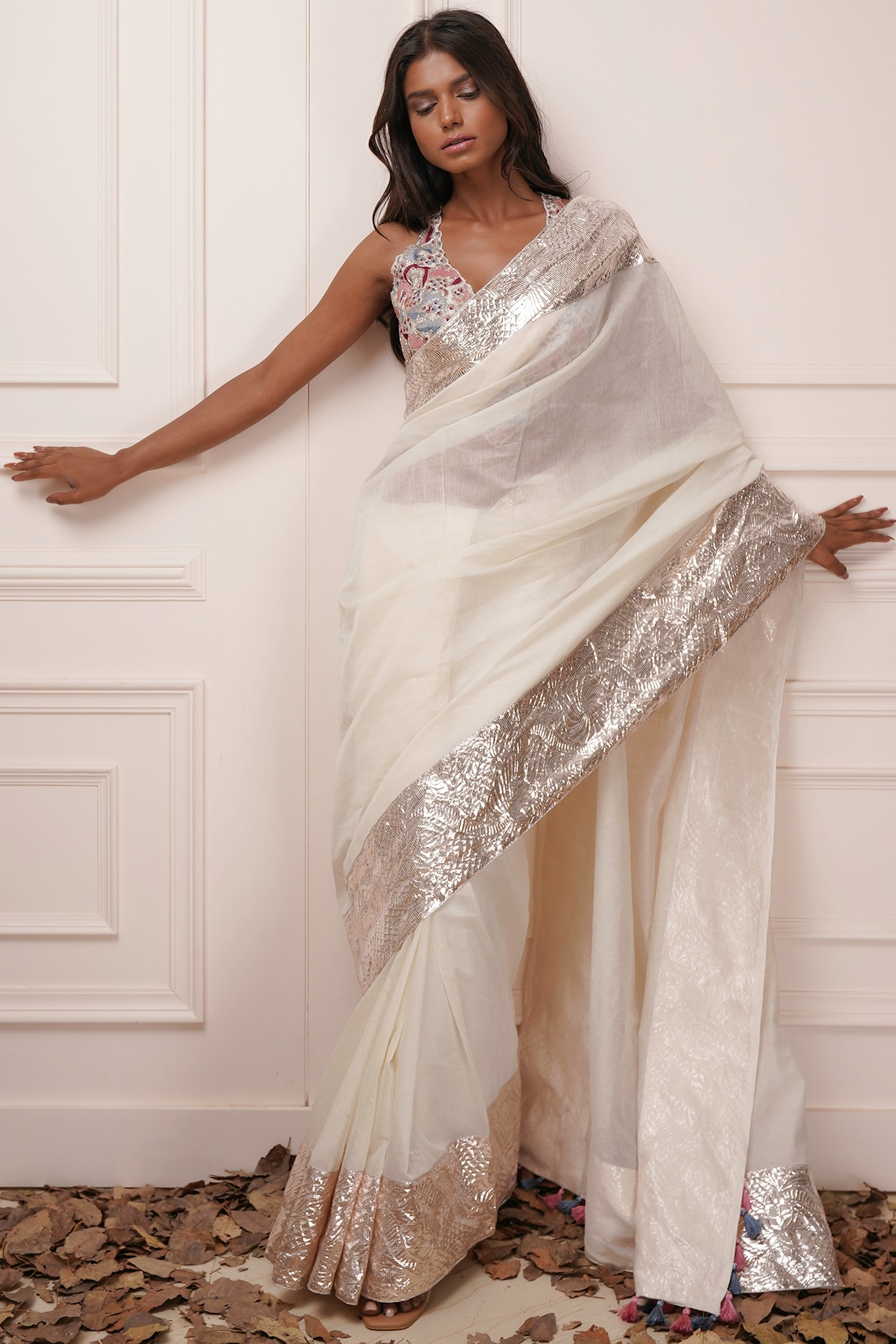 White embroidered outlet saree