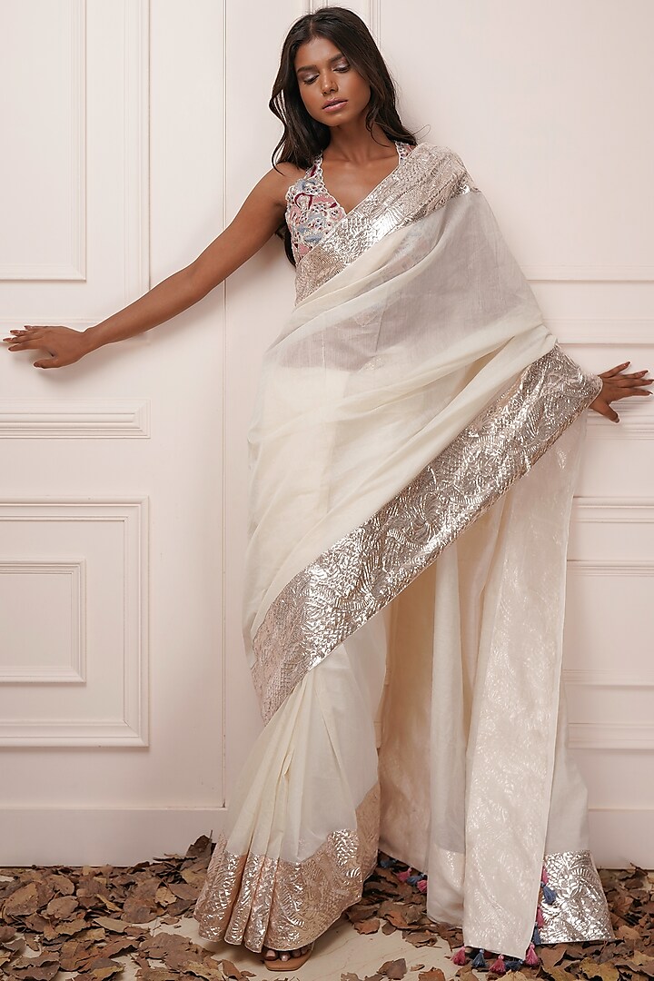 White Chanderi Embroidered Saree Set by Kyra By Bhavna