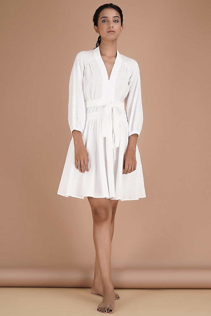 White Cotton Seersucker Knee-Length Summer Dress by Kyra By Bhavna at Pernia's Pop Up Shop