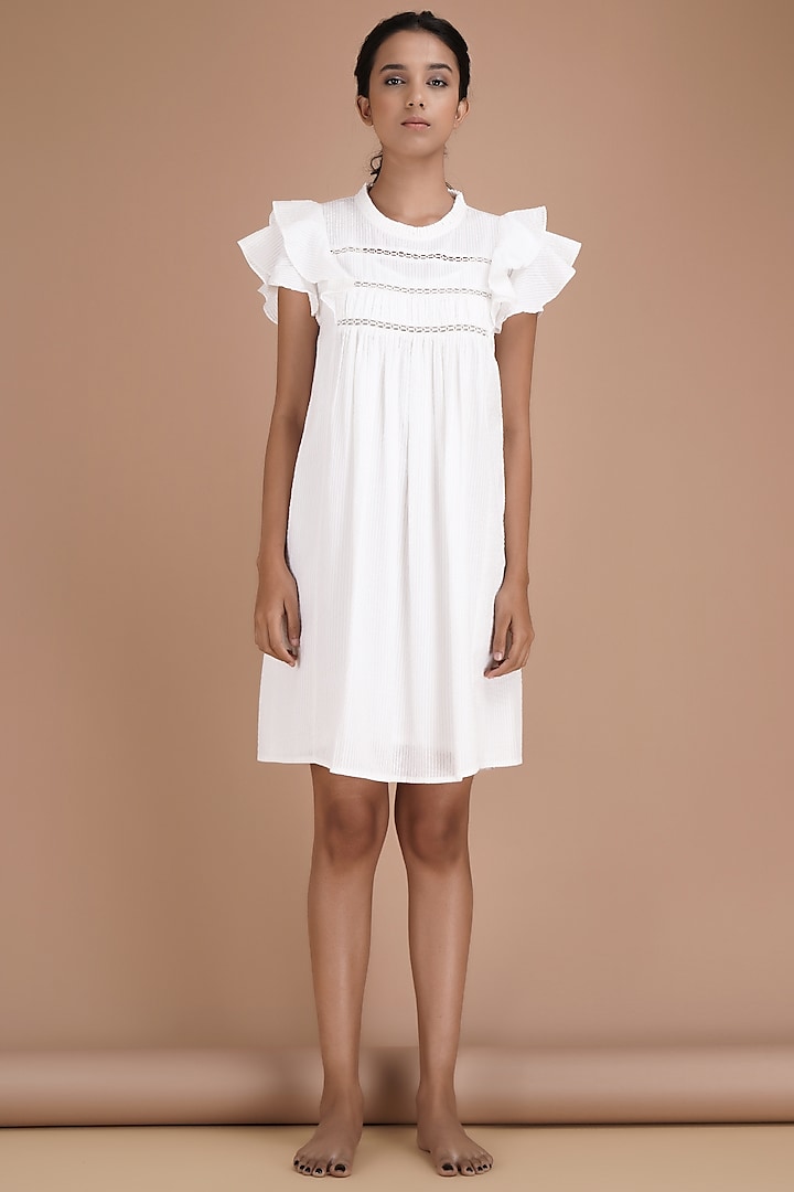 White Gathered Knee-Length Dress by Kyra By Bhavna