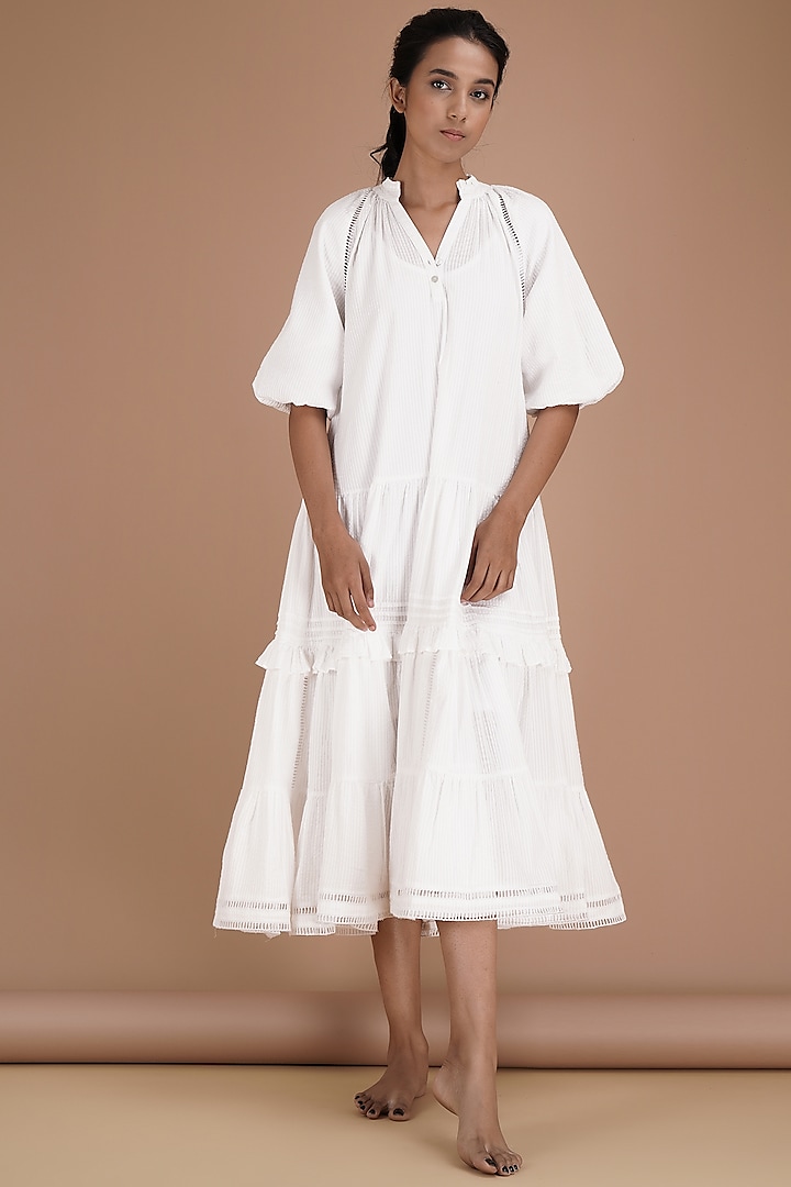 White Cotton Seersucker A-Line Midi Dress by Kyra By Bhavna
