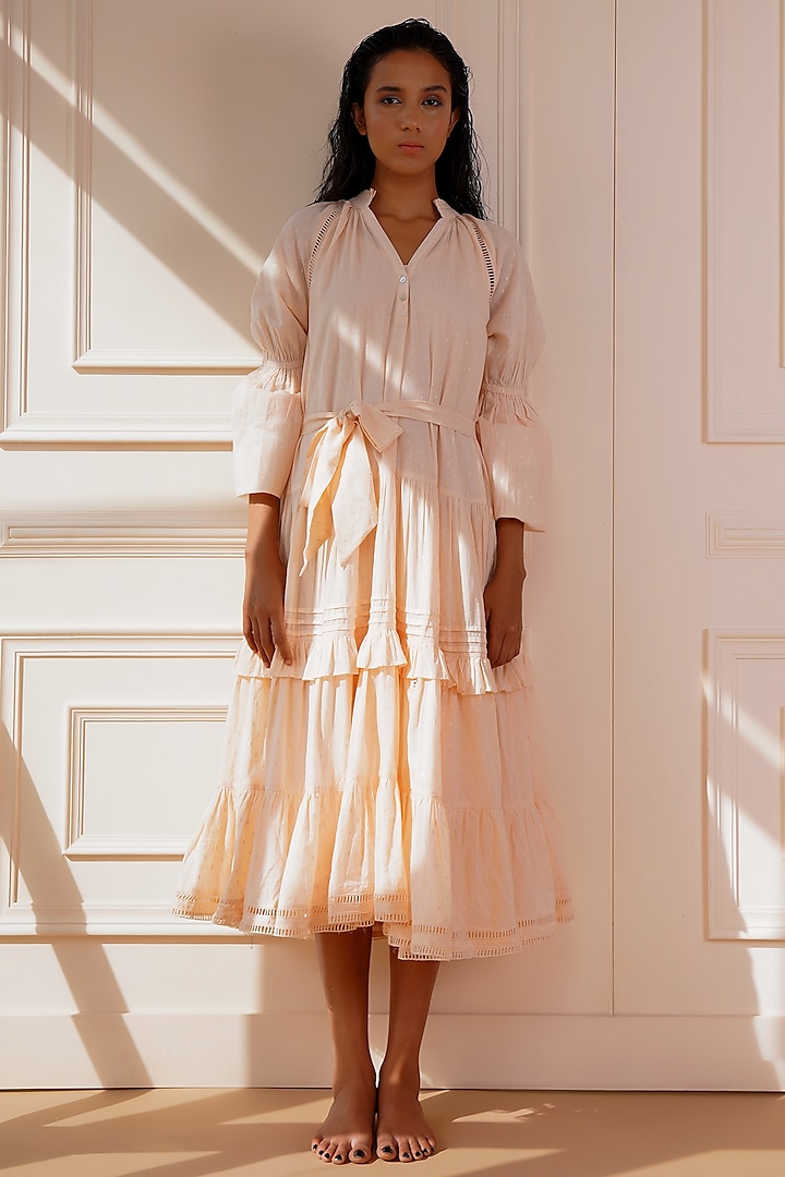 Peach Cotton Lurex A-Line Midi Dress by Kyra By Bhavna