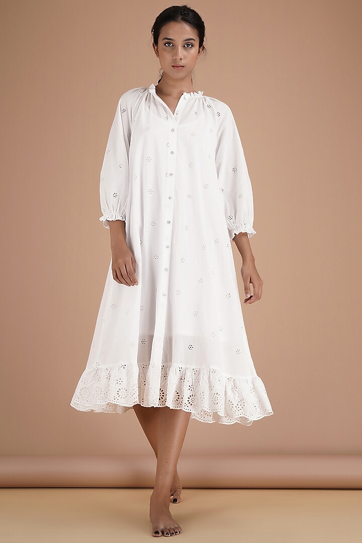 White Cotton Button-Down Midi Dress by Kyra By Bhavna