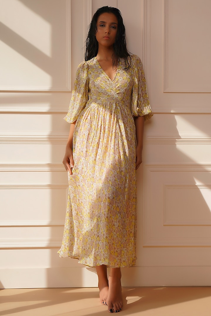 Beige Viscose Printed Dress by Kyra By Bhavna
