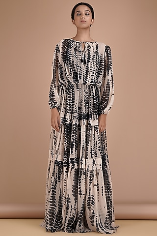 Black & Beige Tie-Dye Maxi Dress by Kyra By Bhavna