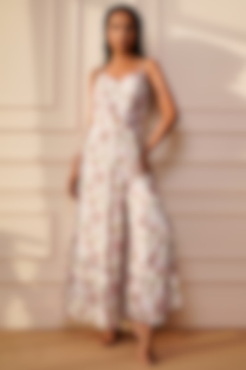 White Floral Printed Jumpsuit by Kyra By Bhavna