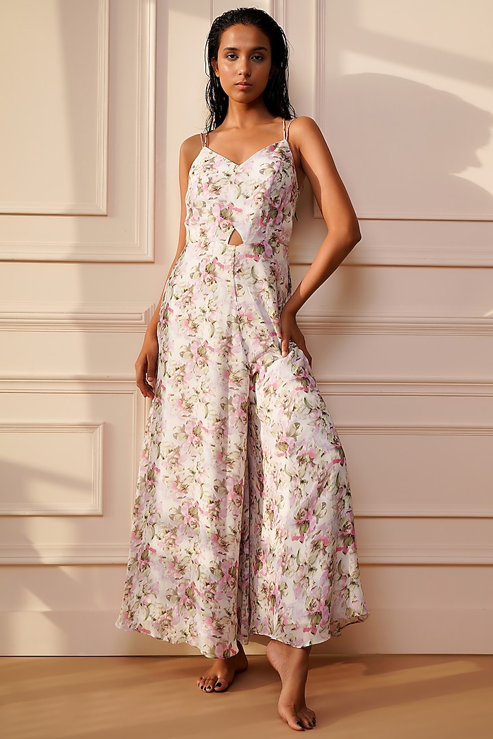 White Floral Printed Jumpsuit by Kyra By Bhavna