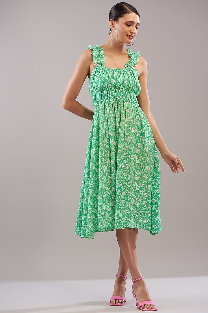 Lime Green Viscose Moss Crepe Printed Dress by Kyra By Bhavna