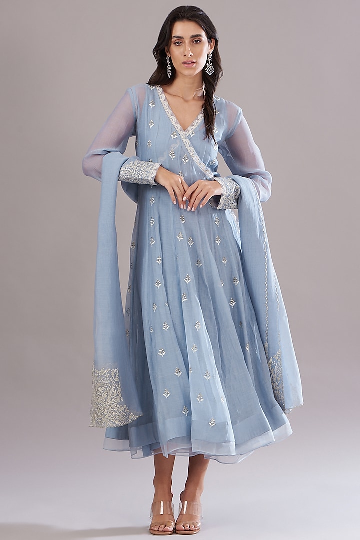 Ice Blue Chanderi Embroidered Angrakha Set by Kyra By Bhavna