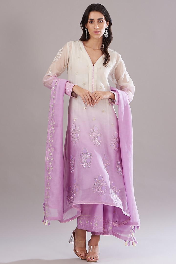 Lilac Ombre Chanderi Embroidered Kurta Set by Kyra By Bhavna at Pernia's Pop Up Shop