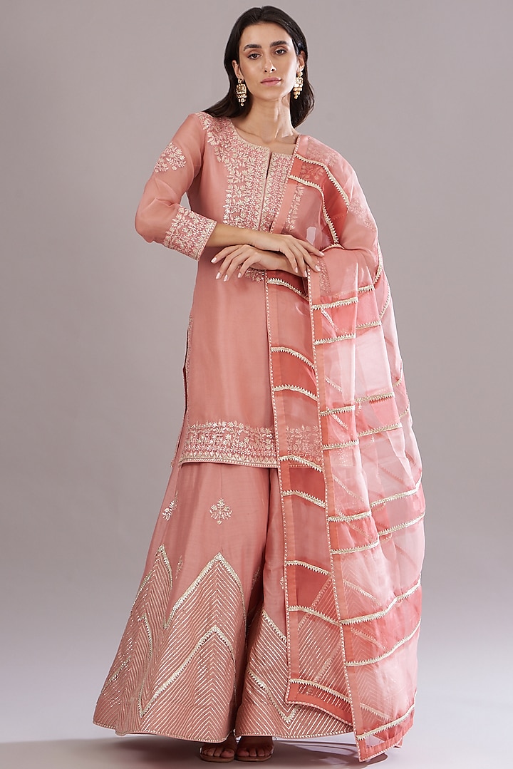 Coral Chanderi Sharara Set by Kyra By Bhavna at Pernia's Pop Up Shop