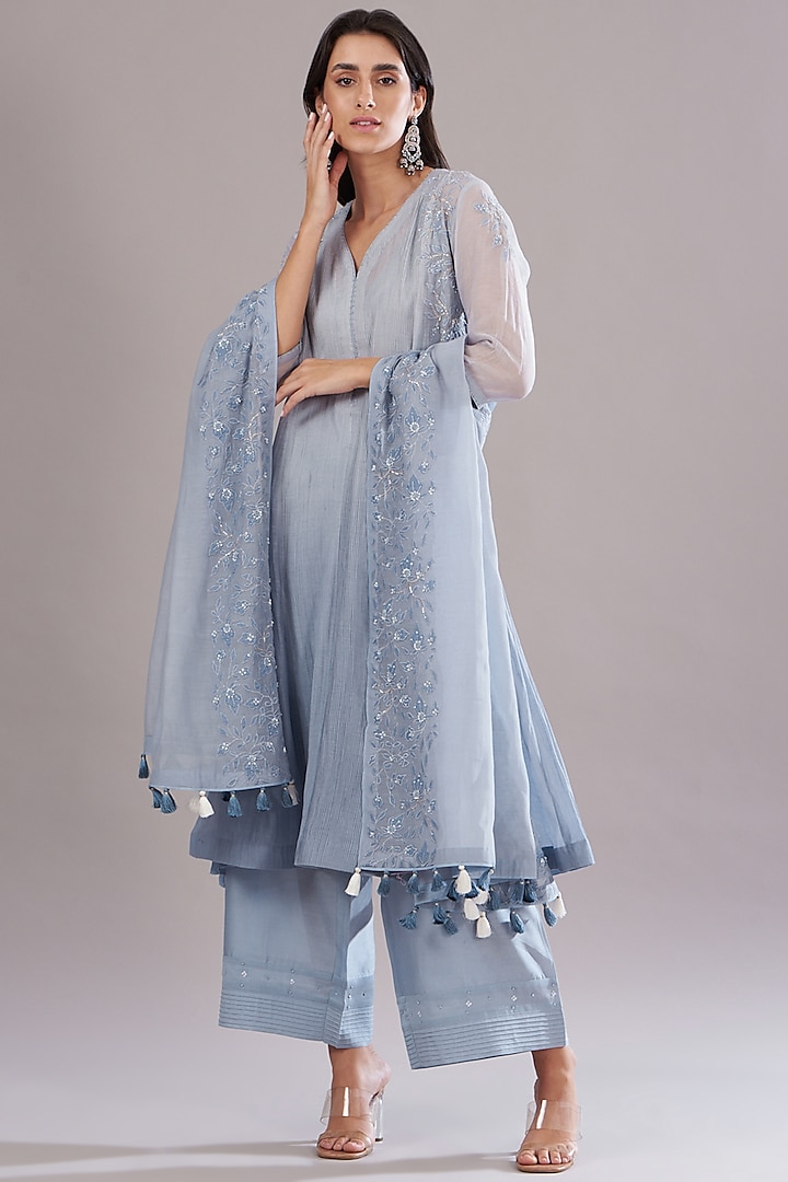 Ice Blue Chanderi Embroidered Kurta Set by Kyra By Bhavna at Pernia's Pop Up Shop