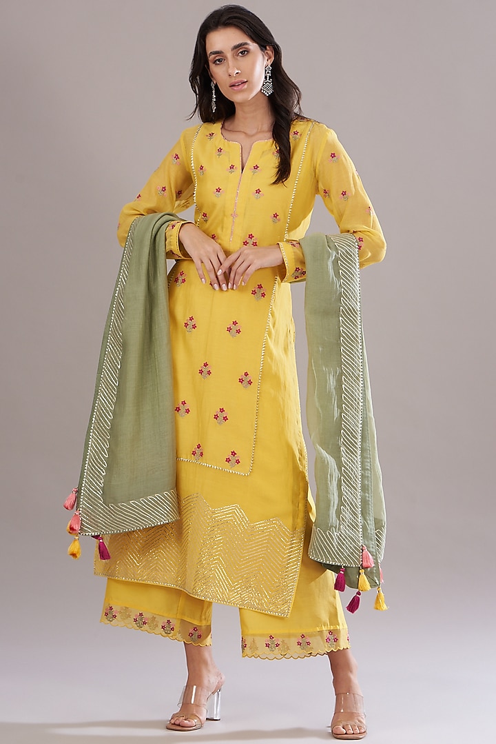 Yellow Chanderi Embroidered Kurta Set by Kyra By Bhavna at Pernia's Pop Up Shop