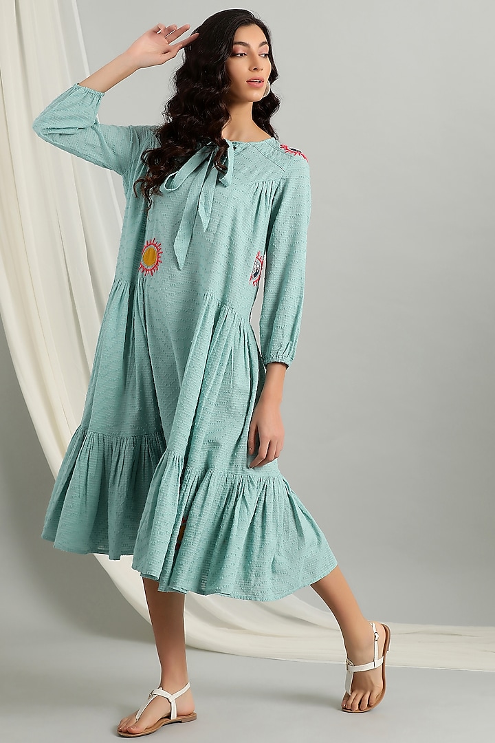 Ice Blue Embroidered Flared Dress by Kyra By Bhavna