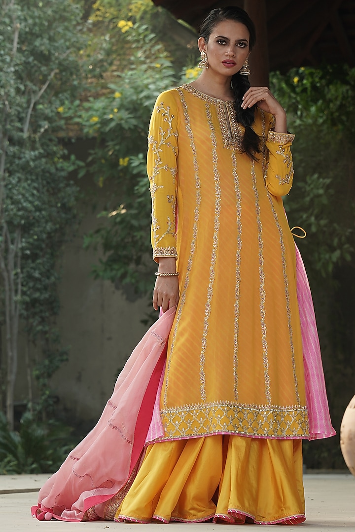 Yellow Embroidered Wedding Anarkali Set With Lehenga by Kyra By Bhavna at Pernia's Pop Up Shop