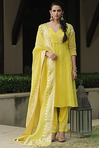 Lime Yellow Embroidered Handloom Kurta Set by Kyra By Bhavna