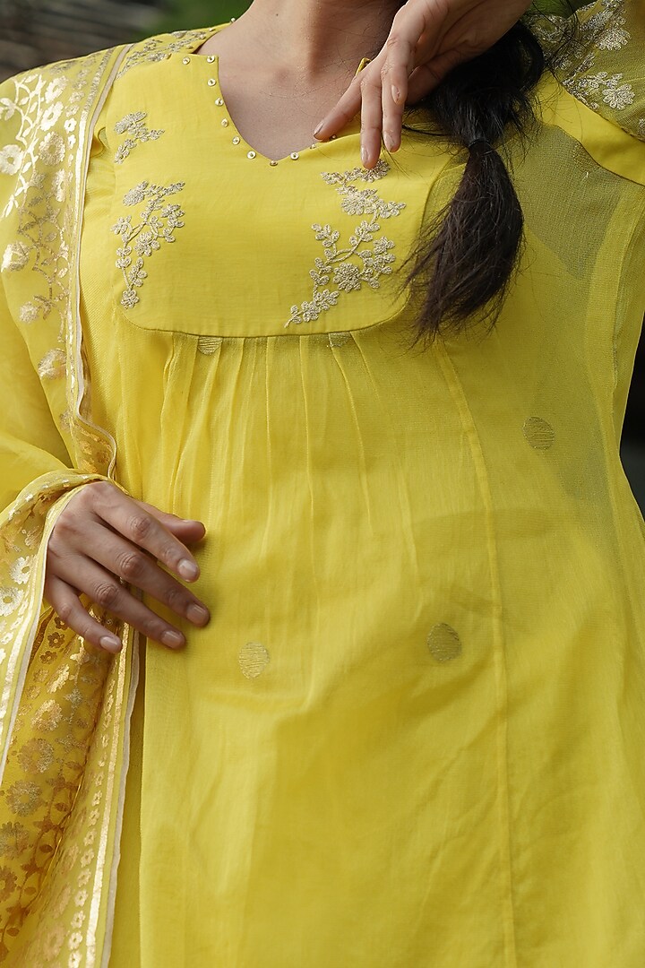 Lime Yellow Embroidered Handloom Kurta Set by Kyra By Bhavna at Pernia's Pop Up Shop