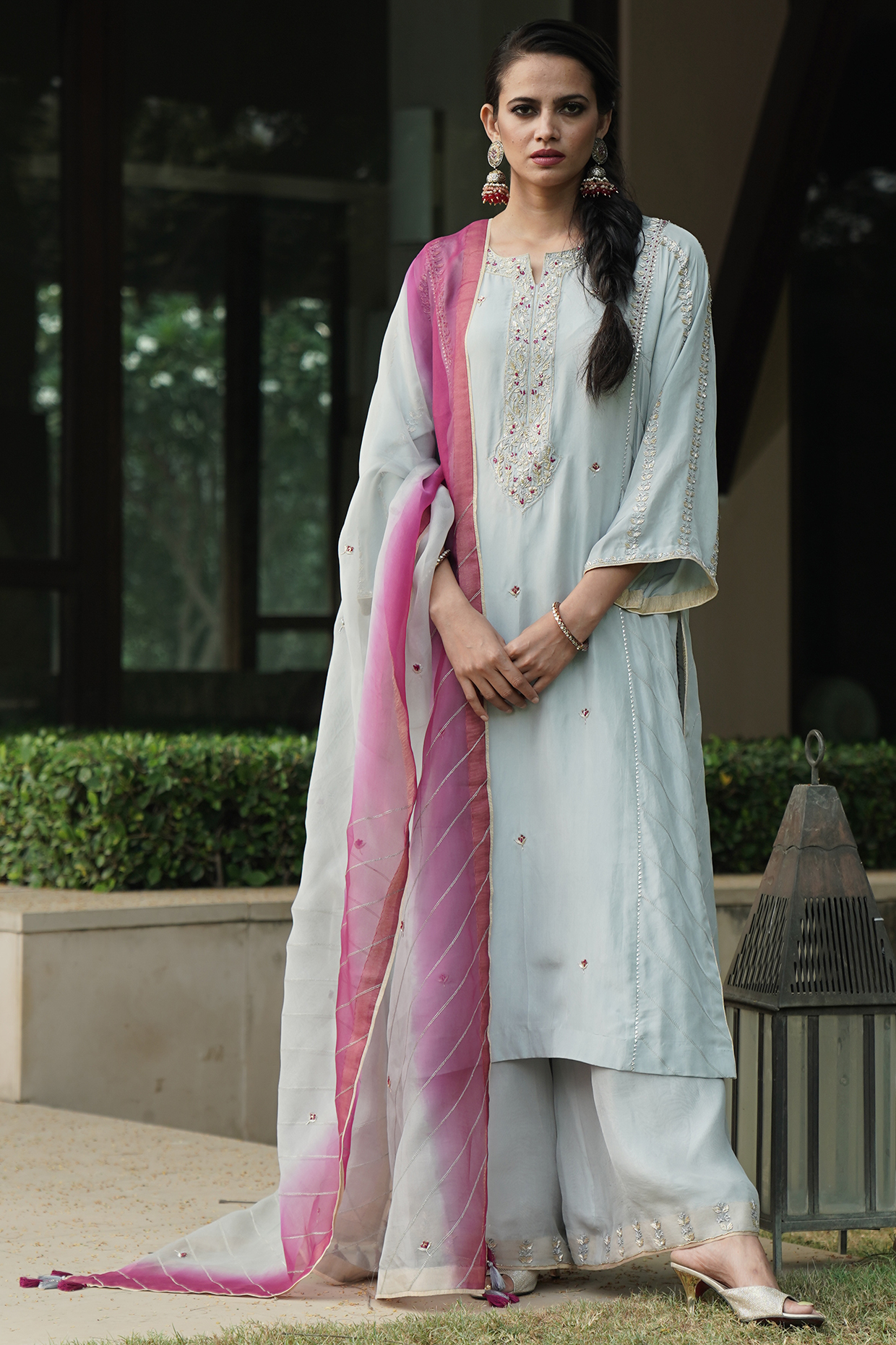 Light Grey Embroidered Kurta Set by Kyra By Bhavna at Pernia's Pop Up Shop