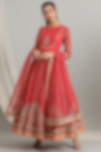Coral Embroidered Wedding Anarkali Set by Kyra By Bhavna at Pernia's Pop Up Shop