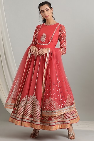 Coral Embroidered Anarkali Set by Kyra By Bhavna