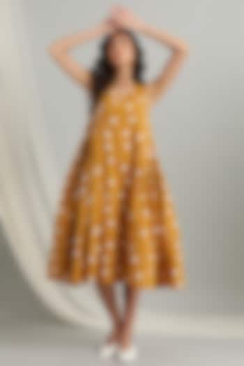 Mustard Cambric Polka Dotted Dress by Kyra By Bhavna